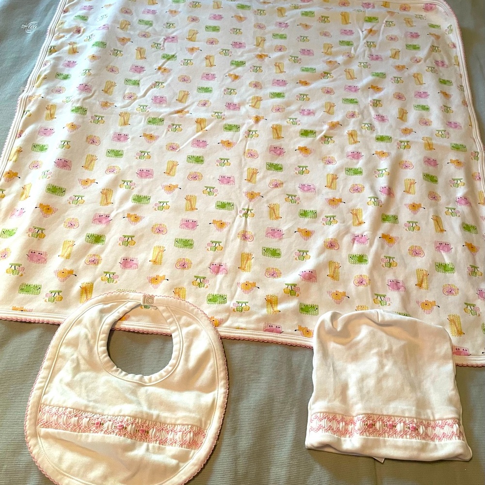 Baby gift set. Blanket, smocked rose hat & bib. Kissy Kissy brand. Baby girl